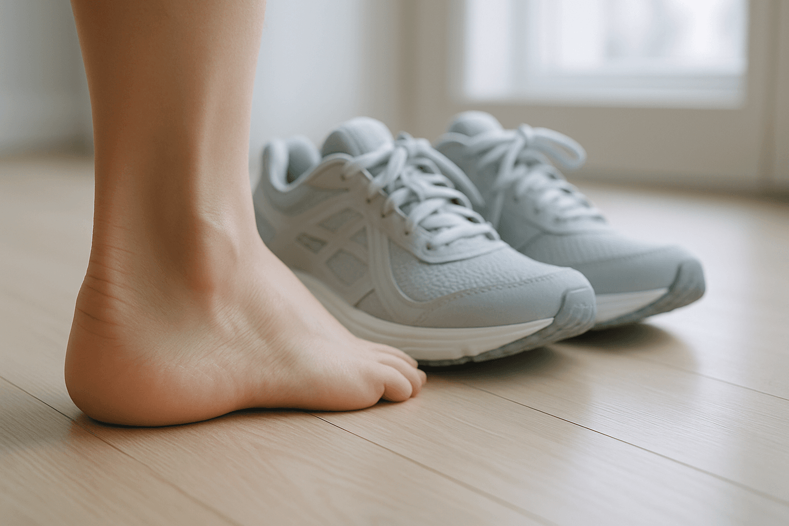 A bare heel resting on a wooden floor beside a pair of running shoes