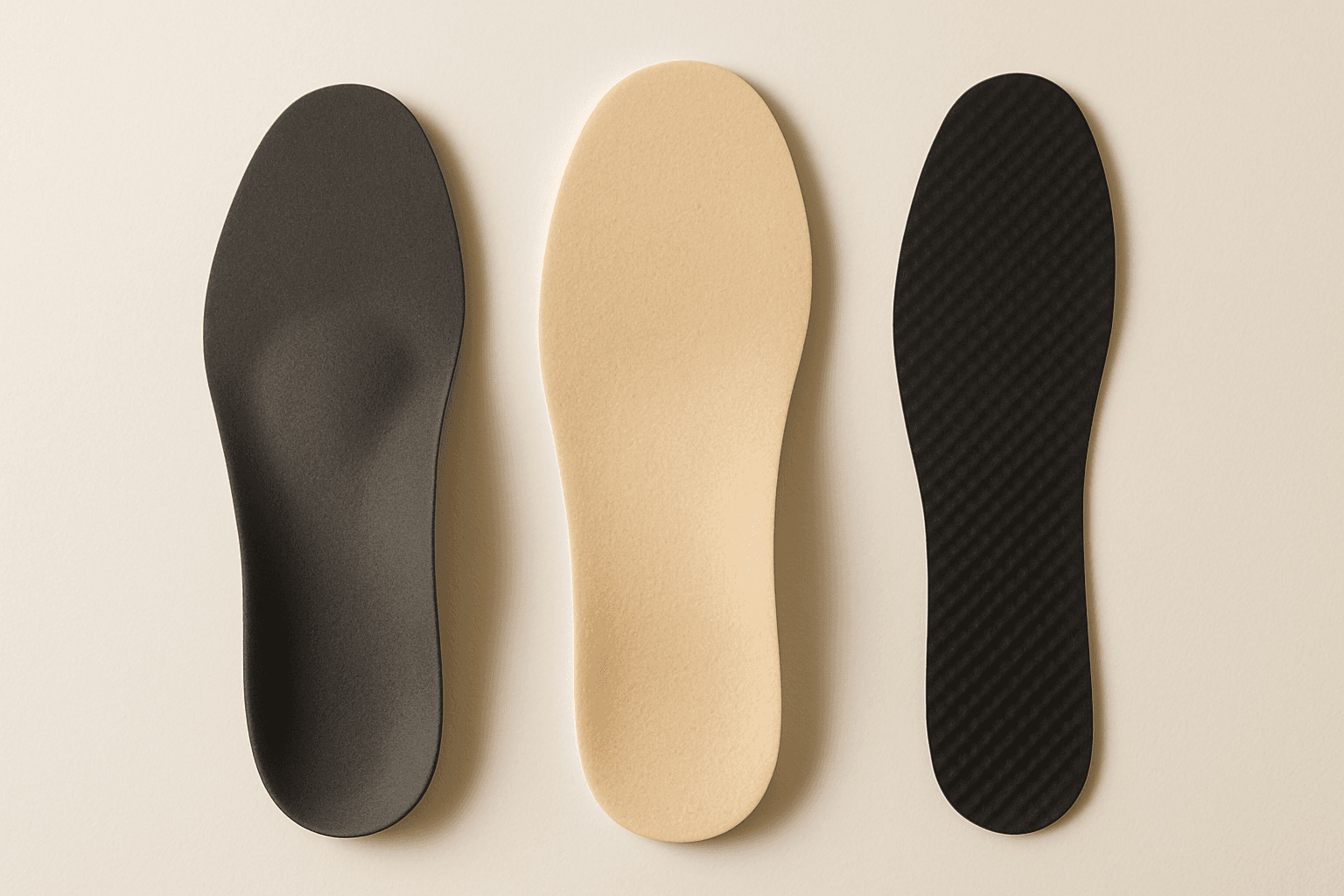 Three kinds of shoe insoles laid out on a warm white surface