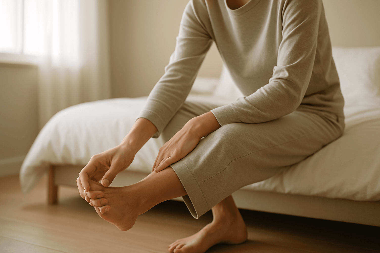 Person seated on the edge of a bed stretching the arch of one foot in morning light